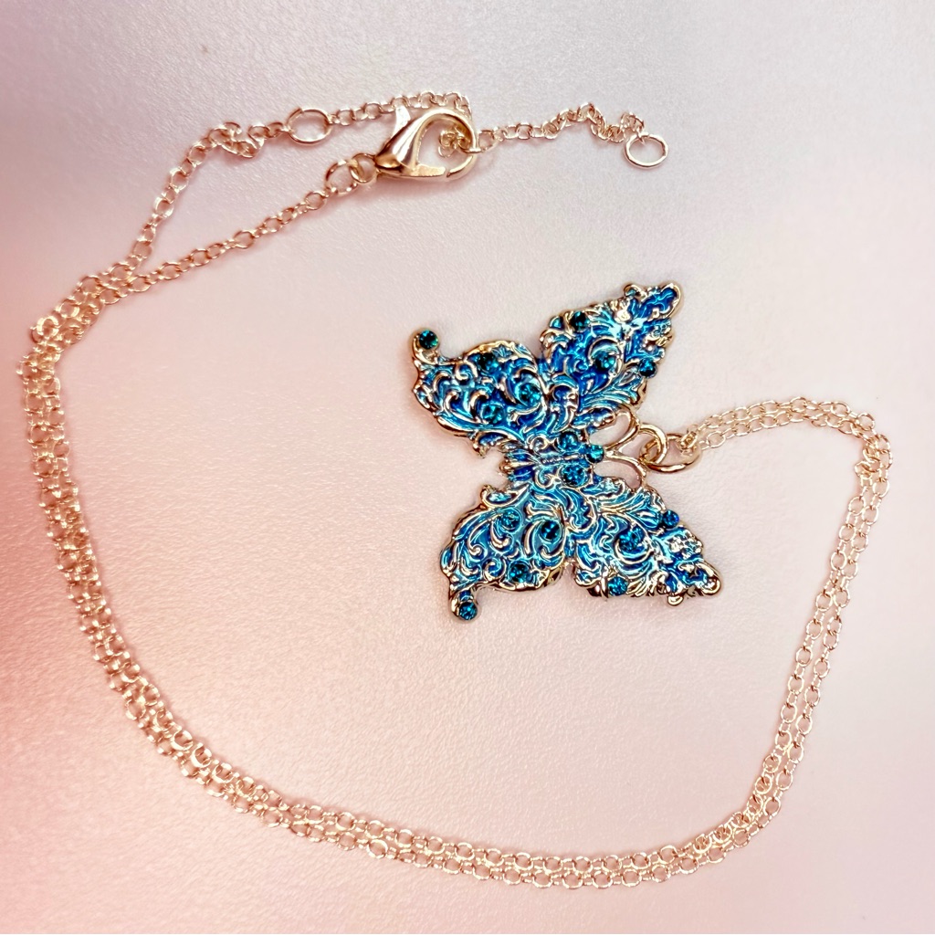 Blue And Gold Filigree Butterfly Necklace